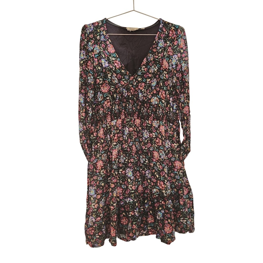 FatFace Black Floral Metallic Tiered Mini Dress Long Sleeve US 12R Bohemian